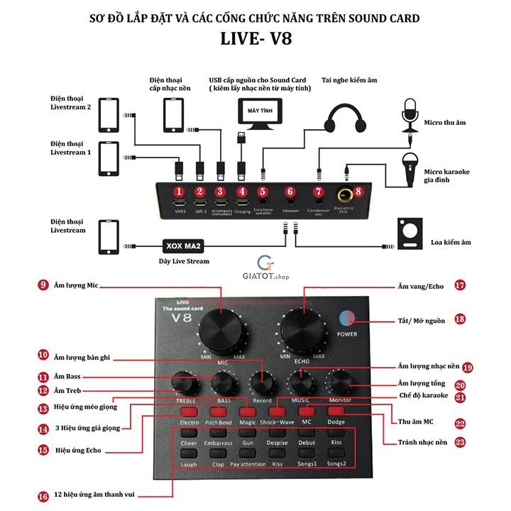 Sound card V8 cao cấp có kết nối không dây bluetooth dành cho míc thu âm