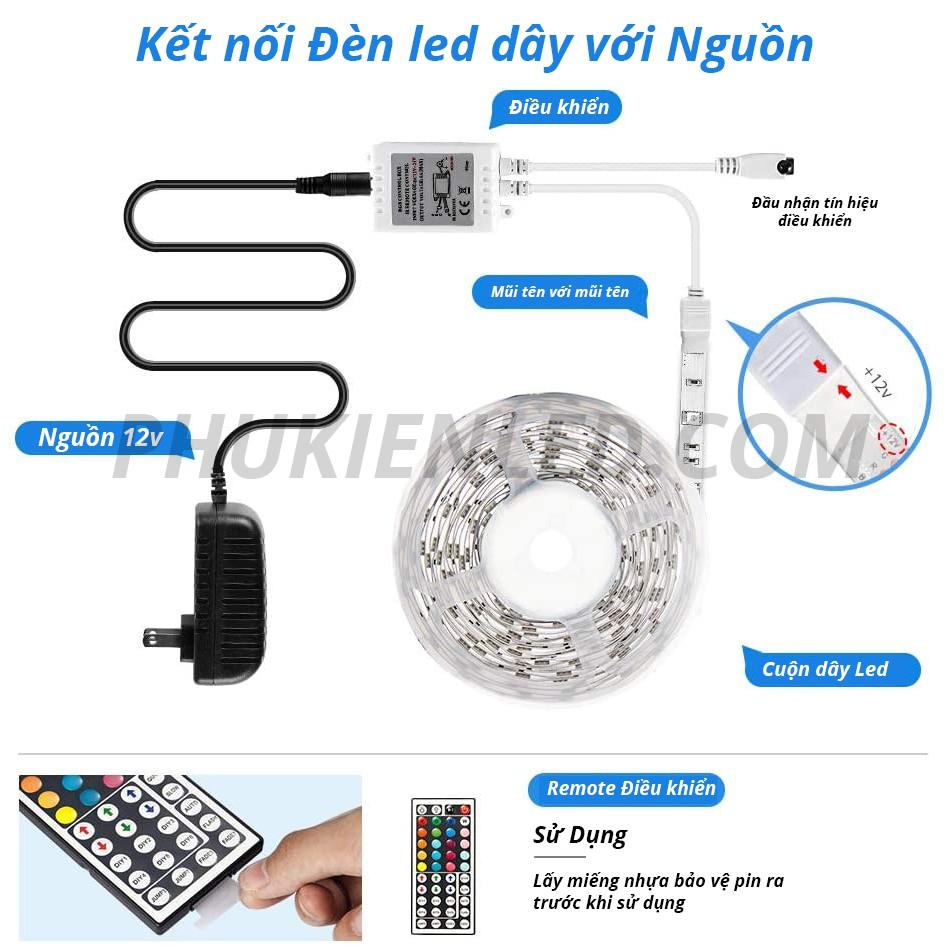 COMBO Dây Đèn Led RGB Đổi Màu Dài 5 Mét - Đèn Led Dây 5050 300 Bóng Led Có Keo Dán 2 Mặt Có Remote 44 Phím Và Nguồn 12v