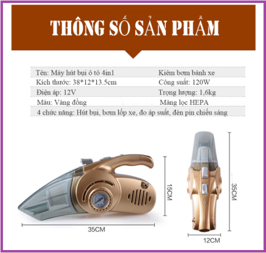 Máy Hút Bụi Ô Tô  Đa Năng 4 in 1 kiêm bơm lốp ô tô.