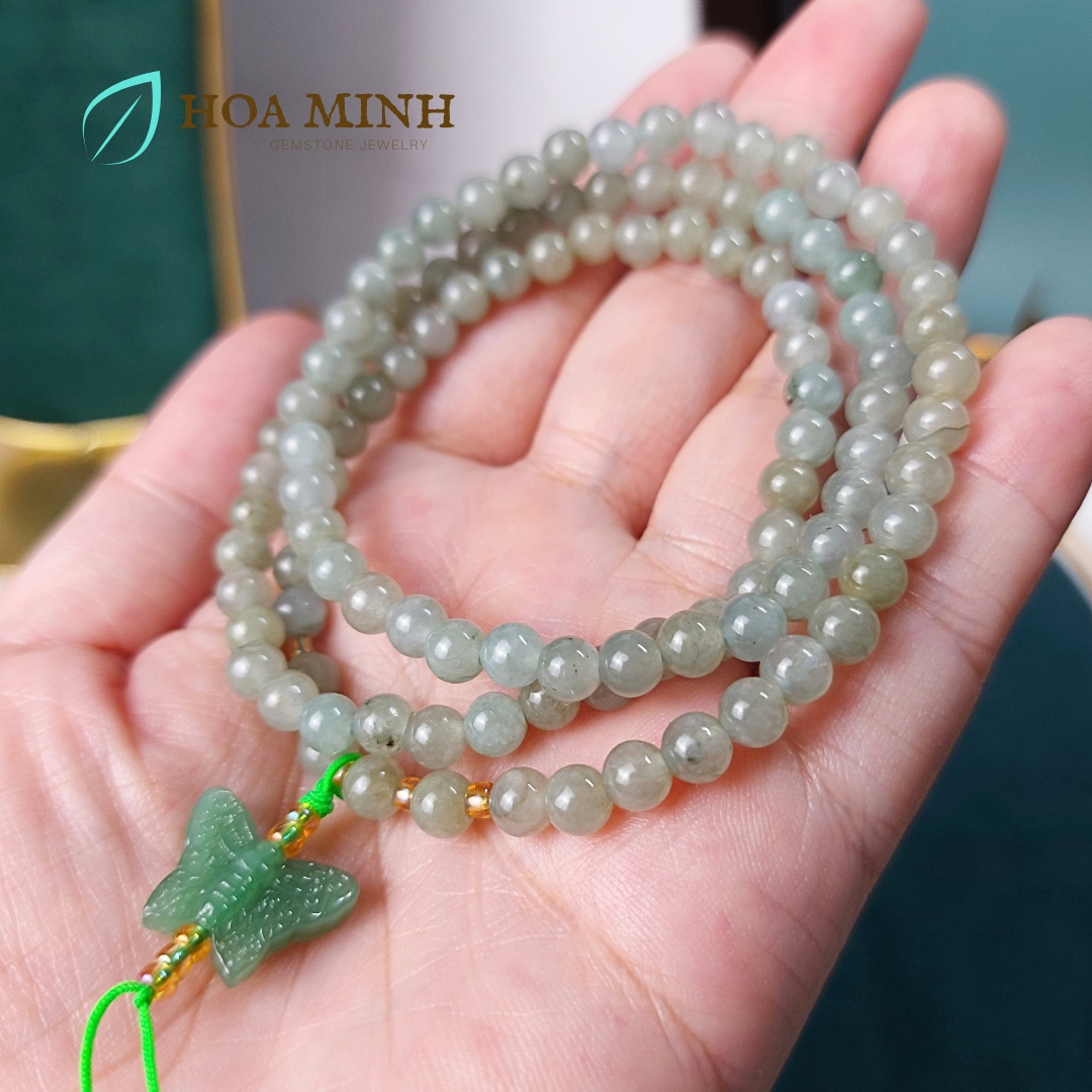 Vòng tay chuỗi 108 hạt Ngọc Cẩm Thạch Lam Dầu A size 5.3 li phối charm đá thạch anh aventurine mỹ miều tuyệt đẹp