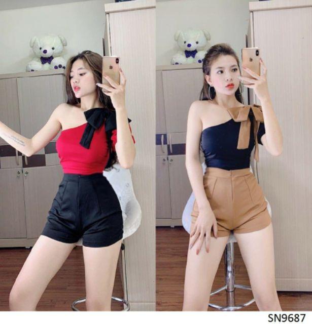 Sét áo lệch vai phối nơ