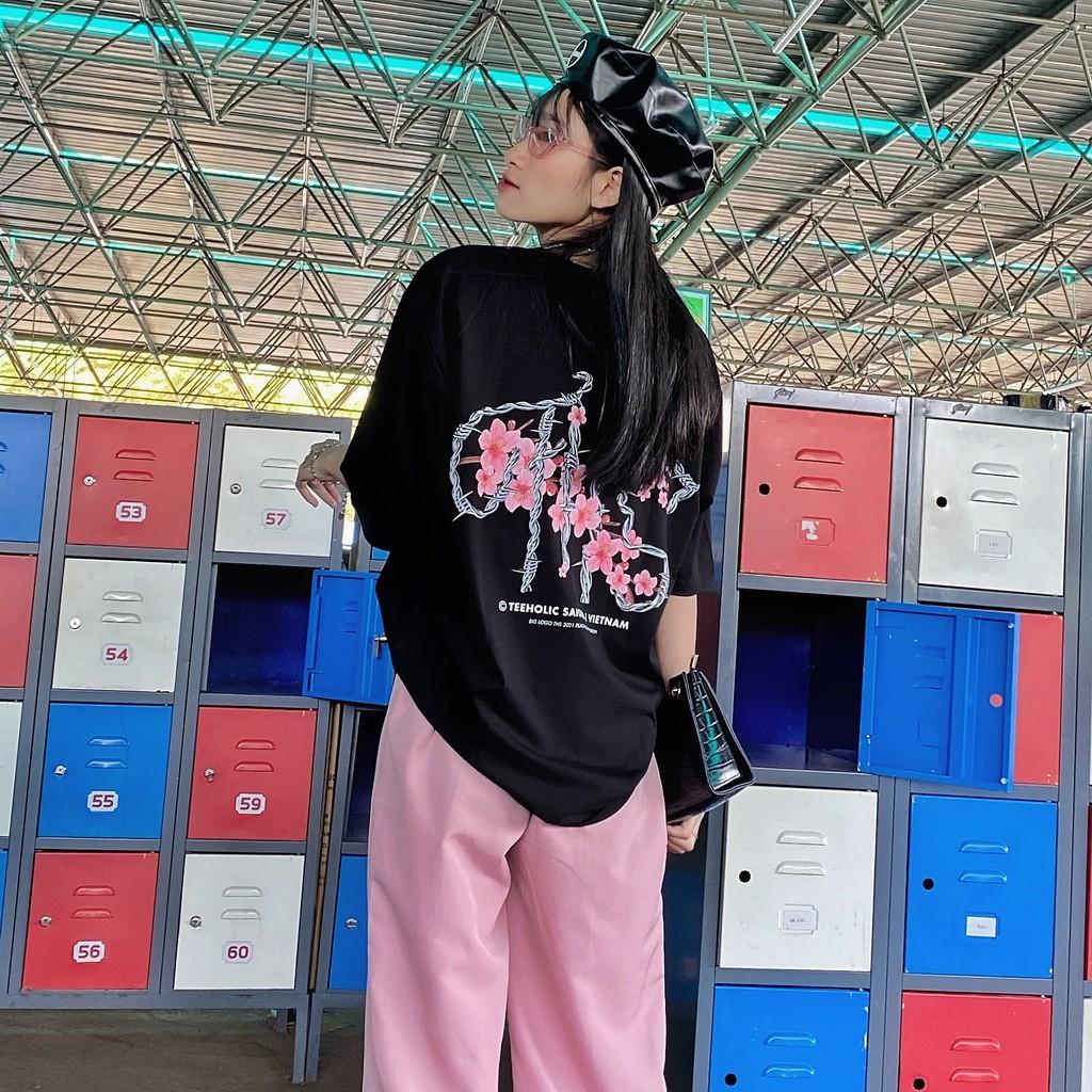 Áo Thun Unisex In Hình Hoa Đào Tết 2021 Logo THS - Màu Đen Trắng Tím