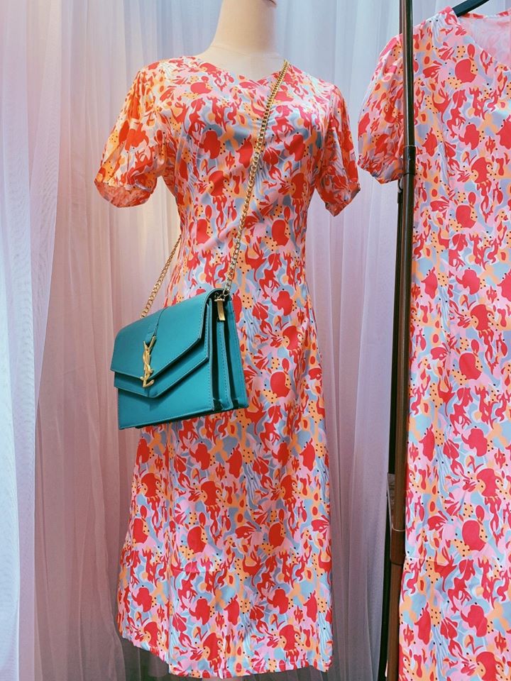Đầm suông hoa nhí tay phồng vintage - VN221901