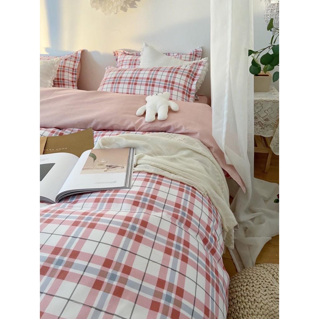 Bộ chăn ga Cotton Poly M2T bedding chăn ga Hàn Quốc họa tiết kẻ đỏ kép đủ size miễn phí bo chun