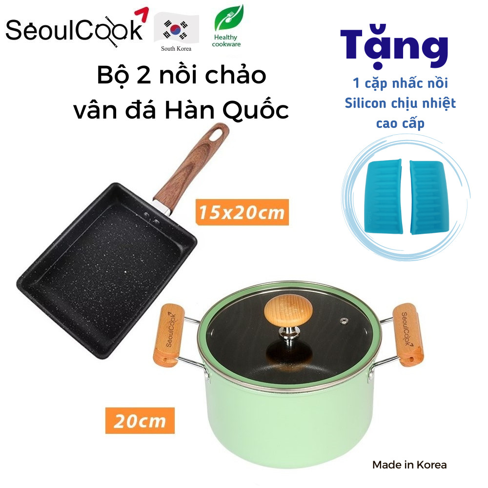 Tặng cặp nhấc nồi silicon- Bộ nồi chảo Seoulcook 2 món đáy từ S4, nồi 20cm + chảo vuông 15x20cm đáy từ/ Induction Hàn Quốc, dùng được tất cả các loại bếp