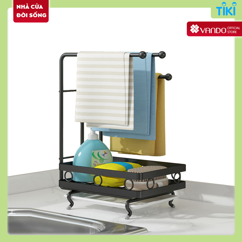 Giá kệ để đồ rửa chén bếp treo khăn lau siêu tiện lợi, kệ thép không gỉ khay hứng nước khô ráo VANDO