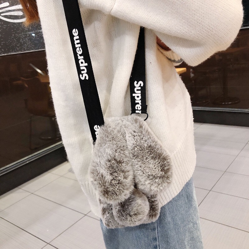 Ốp Lưng Điện Thoại Bằng Lông Thú Hình Tai Thỏ Có Quai Đeo Sang Trọng