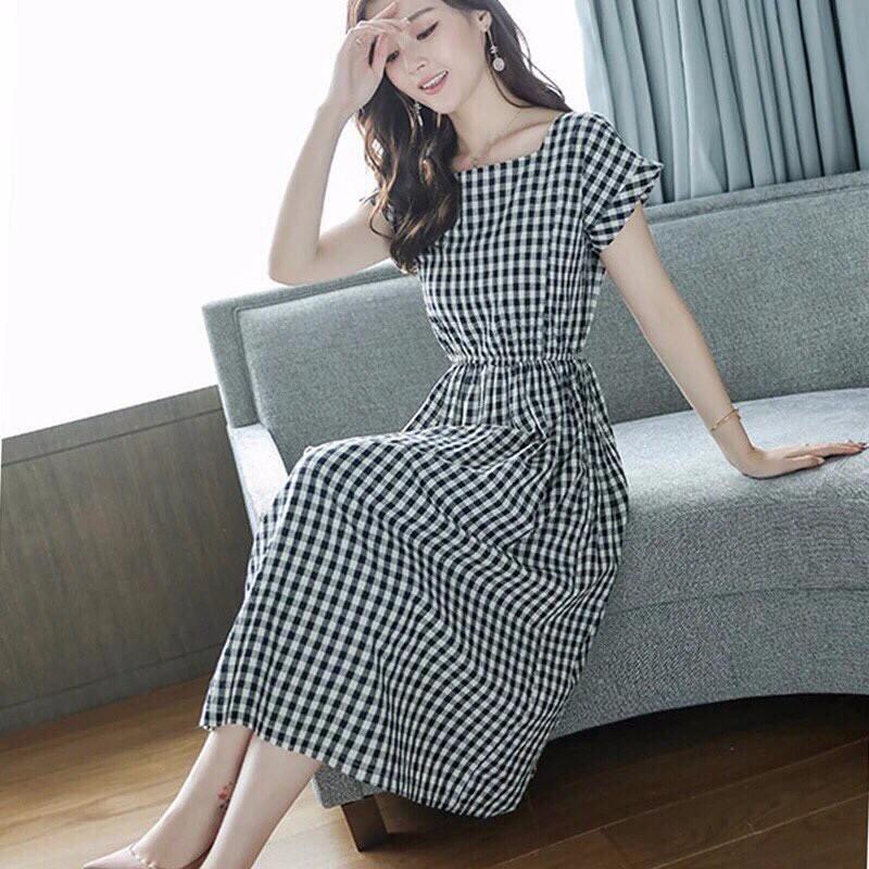 Tb09T ĐẦM VINTAGE CARO CỔ VUÔNG