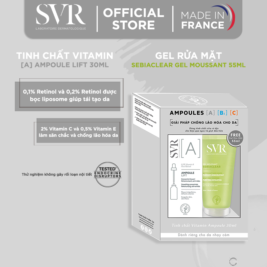 Combo Tinh chất SVR Ampoule Lift 30ml và Rửa mặt SVR Sebiaclear Gel Moussant 55ml giúp làm mịn da nhiều khuyết điểm