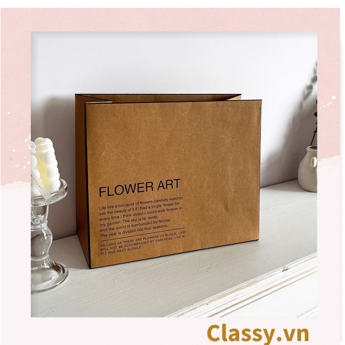 Túi giấy quai xách 30 X 25 X 13 cm đựng hoa trang trí in chữ Flower Art màu Nâu kraft vintage Q1727 (không kèm gấu, hoa, ruy băng)