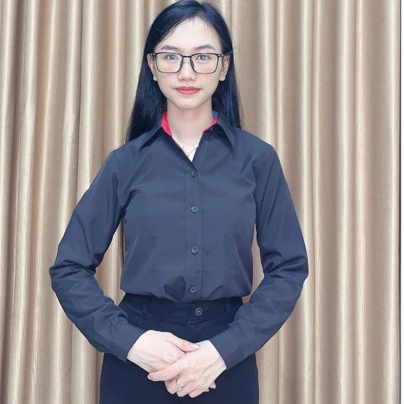 Áo sơ mi Nữ màu đen, Áo sơ mi dài tay công sở phối viền cổ đỏ đẹp !