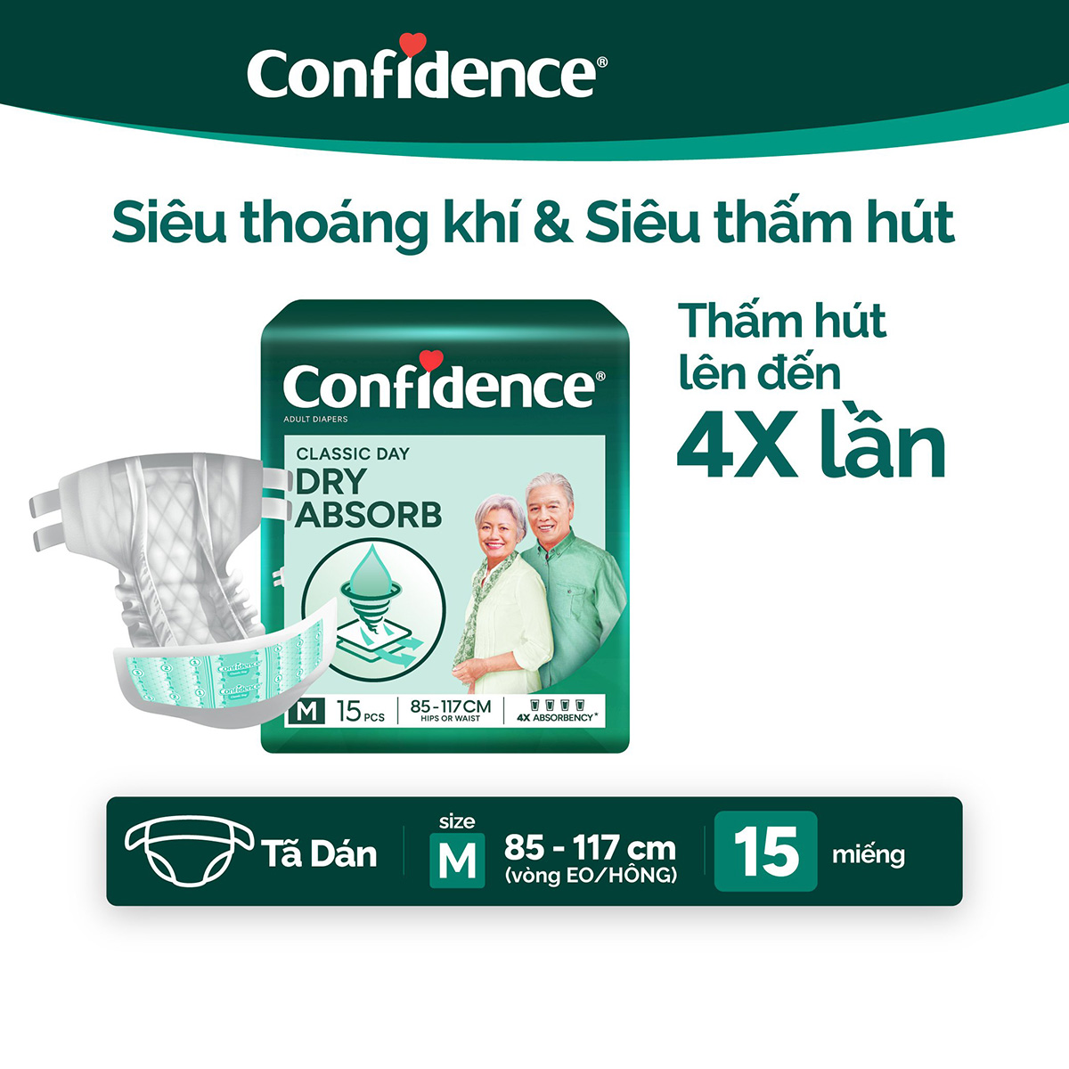 Tã dán Người Lớn Confidence Classic Day size L15 (15 miếng)