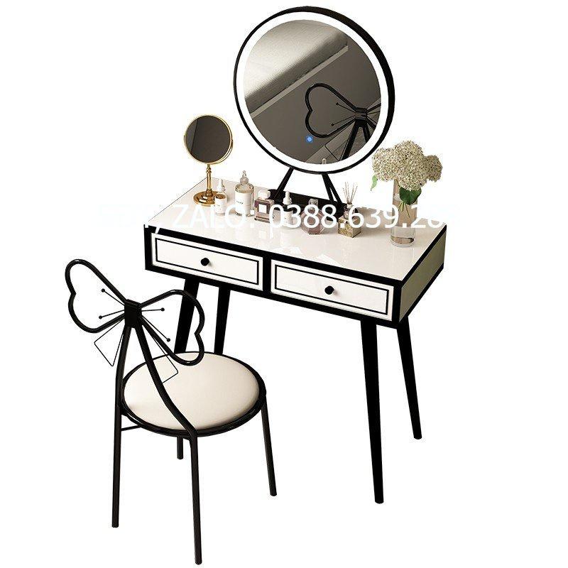 Bộ bàn ghế trang điểm: Bàn phấn hai ngăn hộp vuông chân gỗ viền đen + Ghế nơ đen + Gương