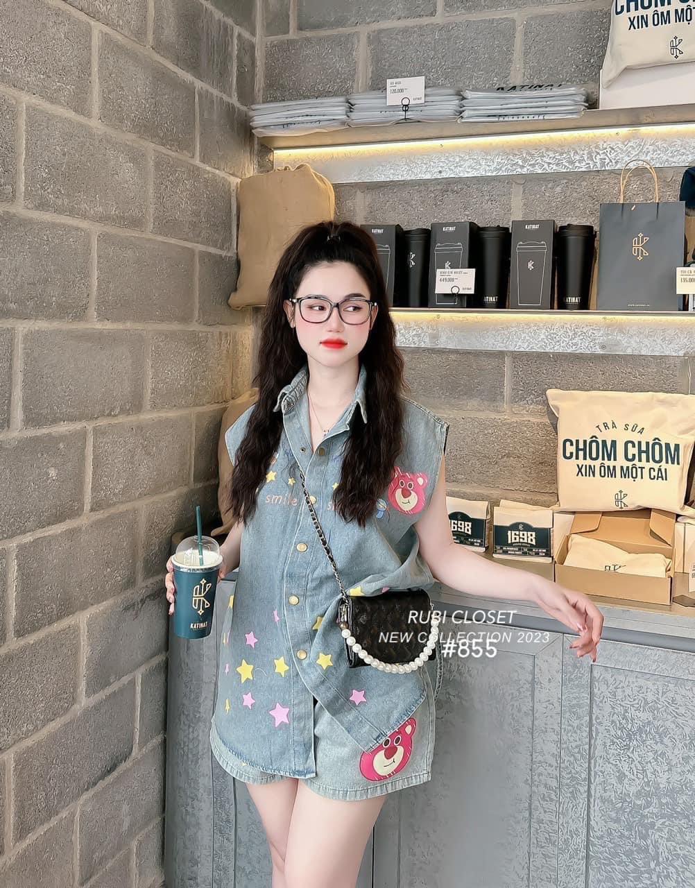 SET ĐI CHƠI, SET 2 MÓN ÁO JEAN SƠ MI SÁT NÁCH GẤU PHỐI QUẦN ĐÙI SIÊU HOT