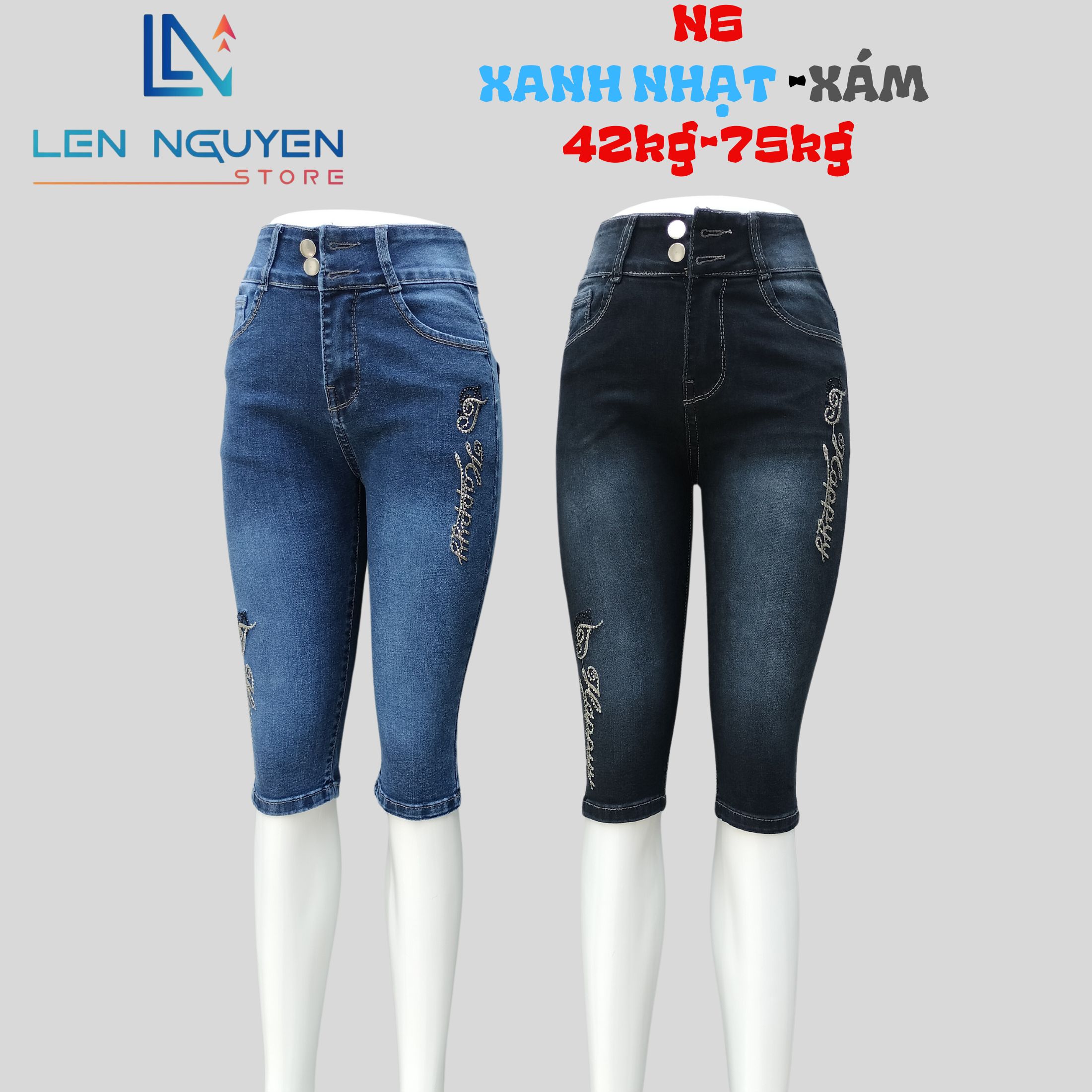 N6_7 tất thêu ép đá 27-35 xám và xanh nhạt, Quần bò Nữ Lưng Cao Size 27-35 Cho 43KG- 76KG Pants Women