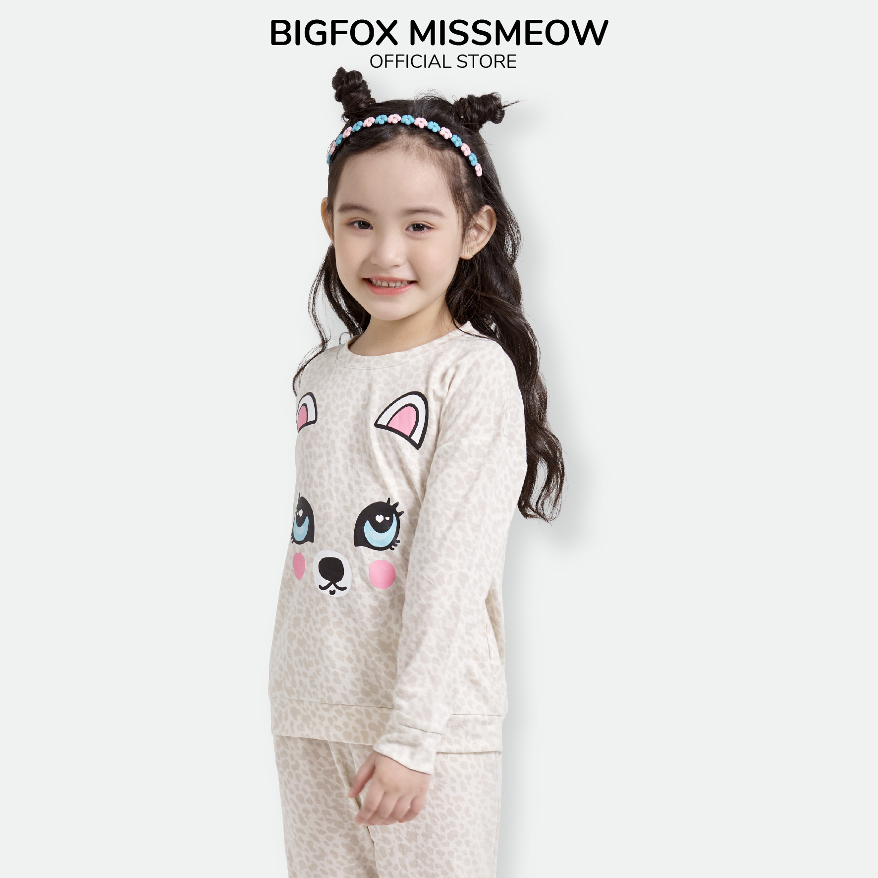 Bộ bé gái BIGFOX - MISS MEOW thu đông size đại, bộ dài tay cho bé phong cách Hàn Quốc kem đốm in mèo 11 - 38 kg