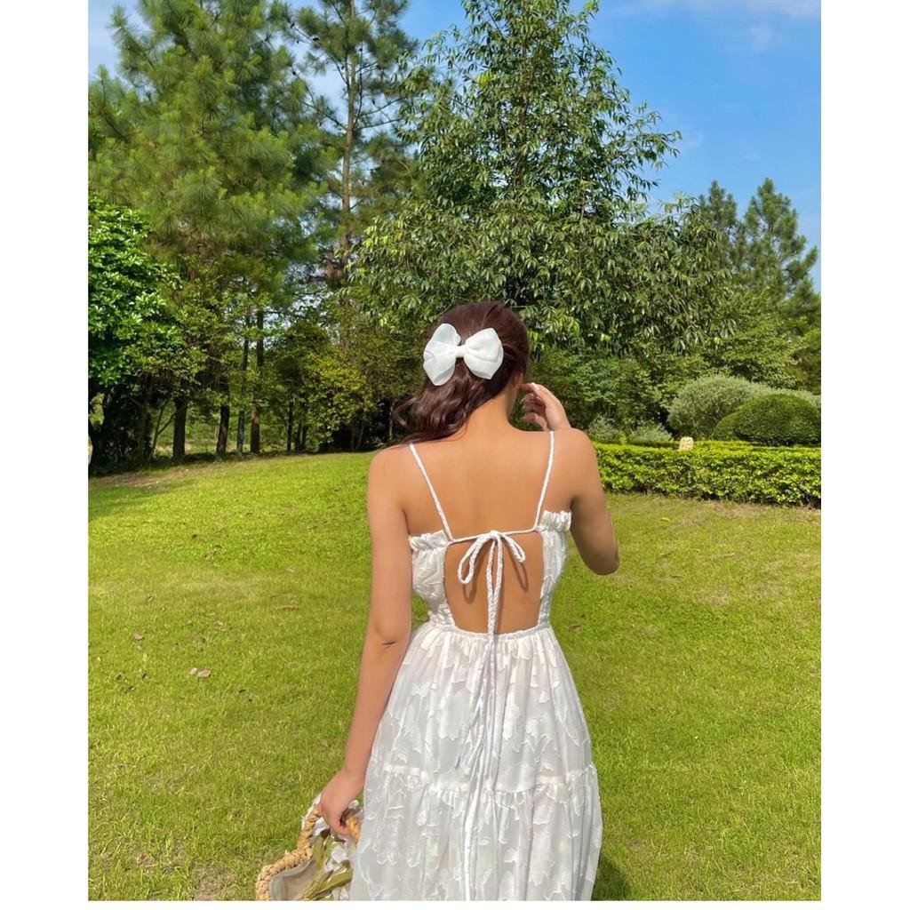 Đầm maxi 2 dây trắng hở lưng đi biển MiNhi thiết kế nữ tính dáng xòe dài qua gối, vải dày dặn 2 lớp