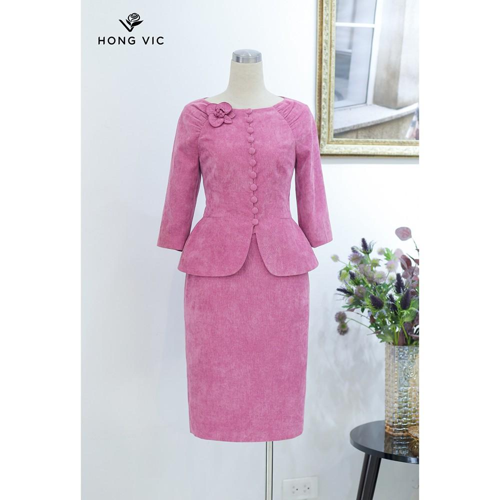 Vest kiểu nữ thiết kế Hongvic nhung hồng tay lỡ AV40