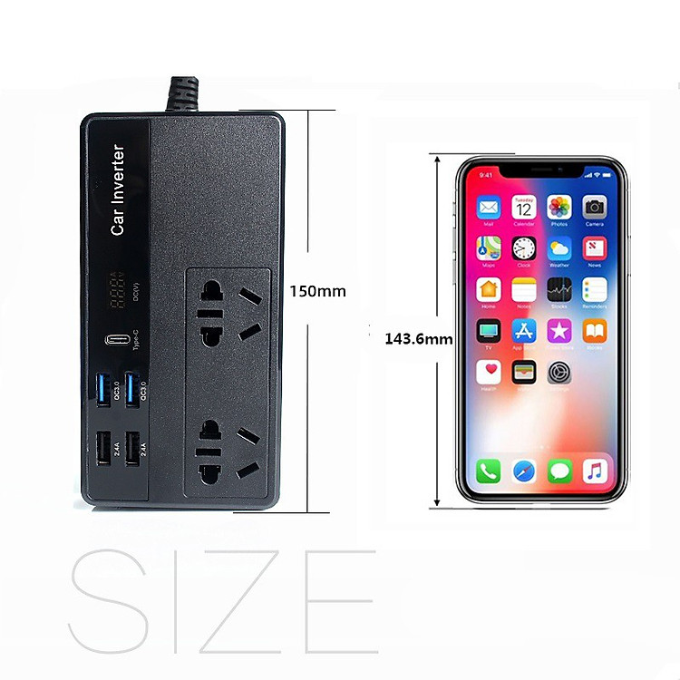 Bộ Chuyển Đổi Nguồn Điện DC 12V Sang AC 110V/220V 200W Tích Hợp 4 Cổng USB Sạc Nhanh Và 1 Cổng Type-C M2012 - Kèm Củ Sạc