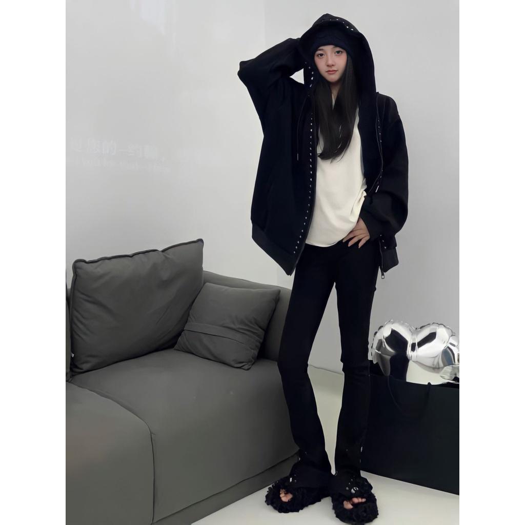 Áo Hoodie Nỉ Unisex Nam Nữ Đính Đinh Khóa Kéo