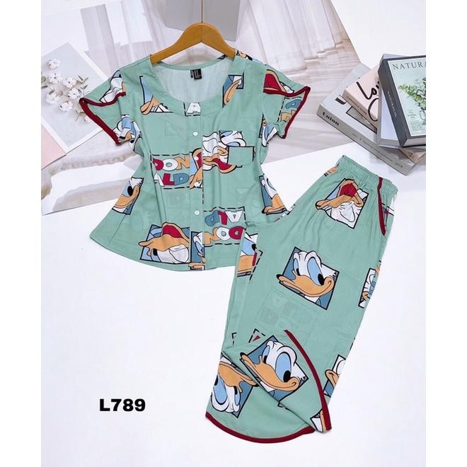 Đồ Bộ Xinh Lửng Áo Cổ Tròn Tay Đắp Tole Lanh