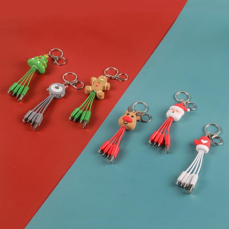 HSV 3 in 1 Creative Cartoon Charging Cable Multifunctional Fast Charging Cable with Type C/Micro USB Port Adapter Christmas Keychain