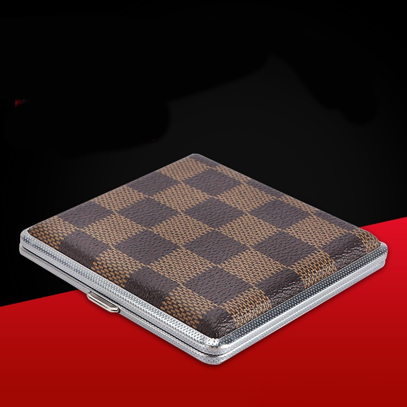 Hộp Đựng Thuốc 20 Điếu Lớn Ngắn Kẹp Kim Loại Bọc Da Caro