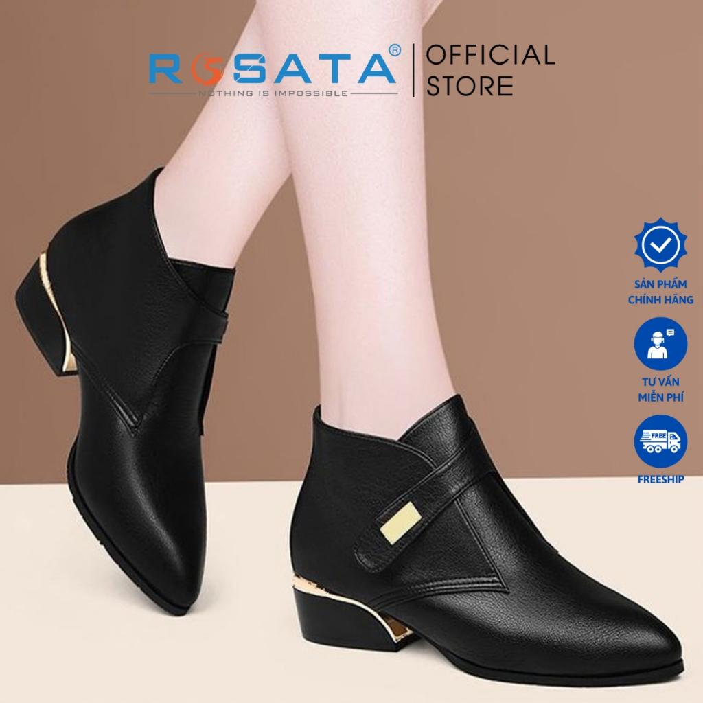 Giày boot nữ ROSATA RO308 bốt thời trang cổ thấp phong cách hàn quốc cao cấp da Pu loại 1 mềm mại khóa dán đế cao 4 phân - Đen