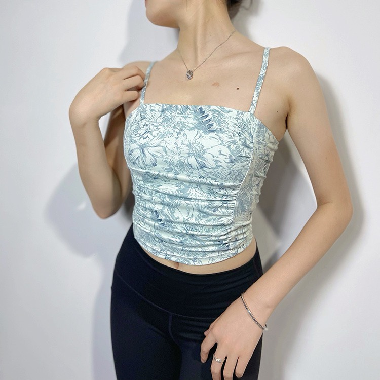 Áo Bra Croptop 2 dây mảnh, hoa xanh PYMSPORT - PYMBR060 có đệm lót vòng 1, co giãn tốt, 3 size