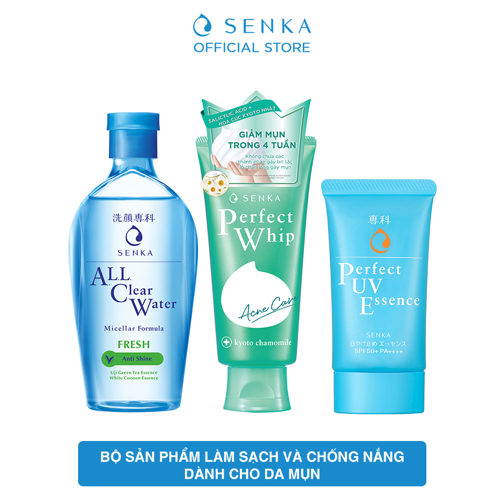 Hình ảnh Bộ sản phẩm Senka làm sạch và chống nắng dành cho da mụn (Senka A.L.L.Clear Water Fresh 230ml + SRM Acne Care 100g + Senka Perfect UV Essence 50g) Hình ảnh Bộ sản phẩm Senka làm sạch và chống nắng dành cho da mụn (Senka A.L.L.Clear Water Fresh 230ml + SRM Acne Care 100g + Senka Perfect UV Essence 50g)