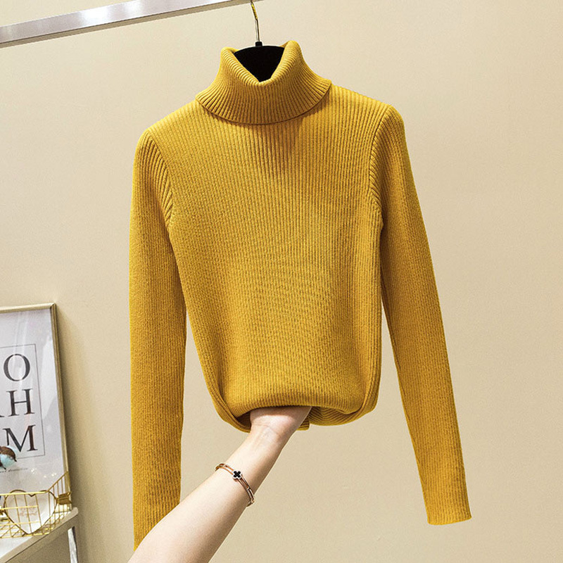 Women Sweater Stretchy Solid Color Ribbed High Neck Long Sleeve Slim Autumn Winter Casual Brief Pullover