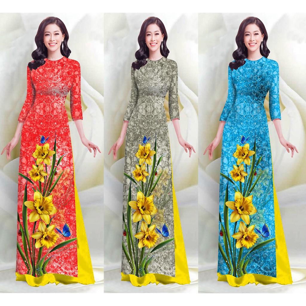 Áo Dài Họa Tiết Hoa Vàng In 4D - QA00106