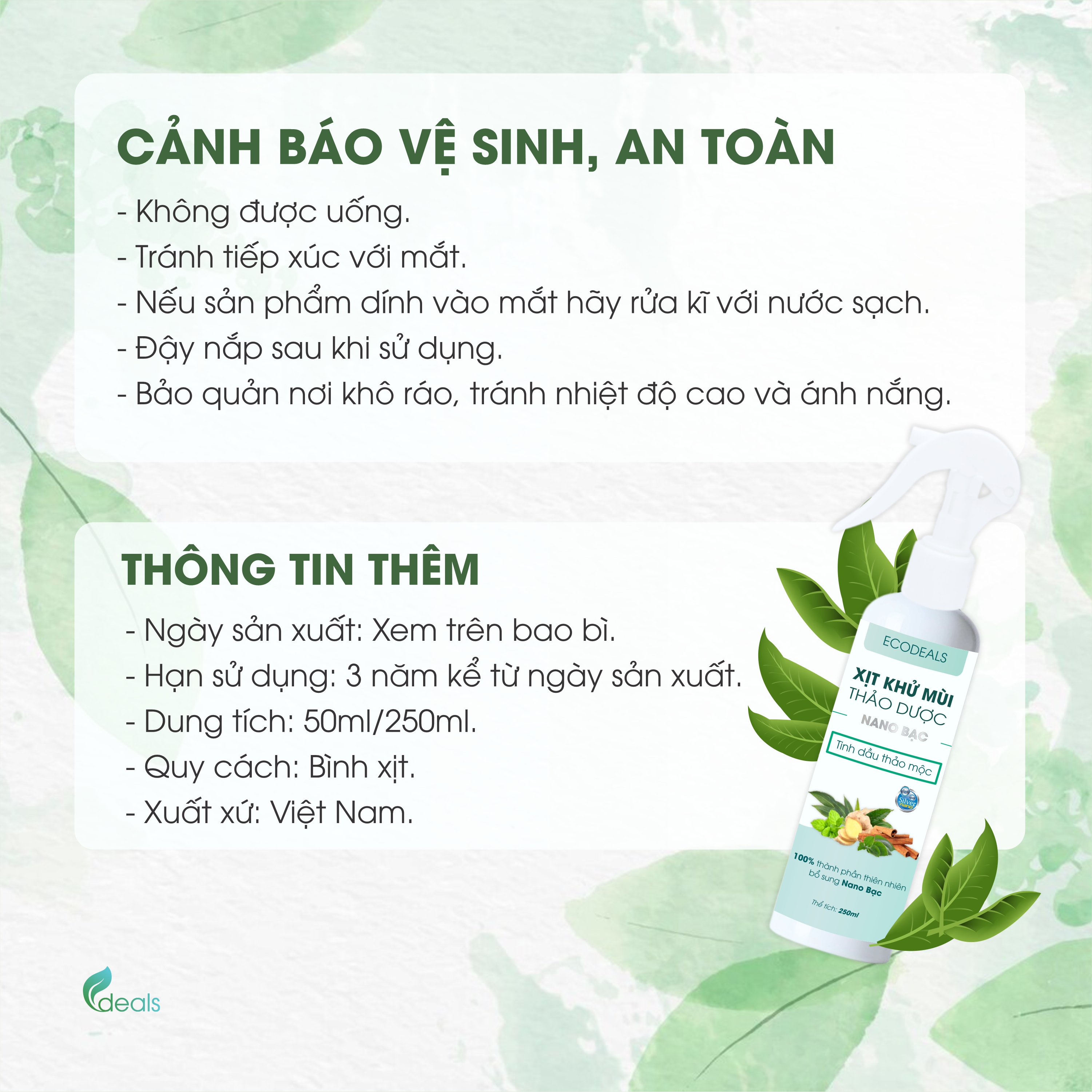 Xịt Khử mùi Kháng khuẩn thảo dược công nghệ Nano Bạc ECODEALS - Tinh dầu Thảo mộc