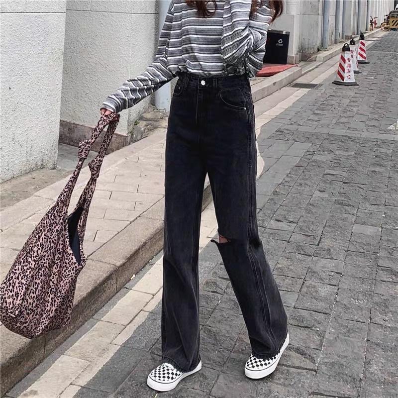 Quần Denim Jean Ống Suông Nam Nữ Đen Pha Rách Gối Xẻ Lưng Cao