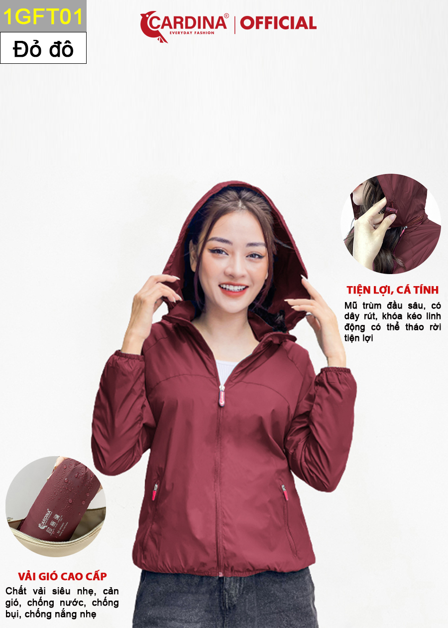 Áo Gió Nữ CARDINA 2 Lớp Chất Gió Trơn Lót Lưới Cao Cấp Cản Gió, Cản Bụi, Chống Nước 1GFT