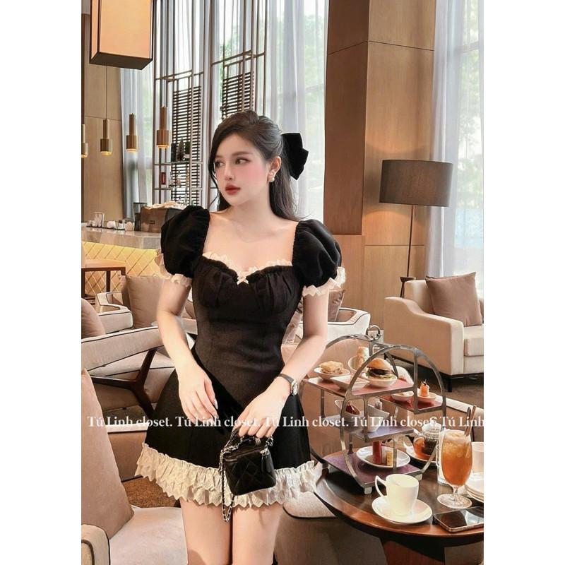 Váy tiểu thư chất liệu dạ teck tay bồng cup ngực phối chân ren hàng 2 lớp lót tacta