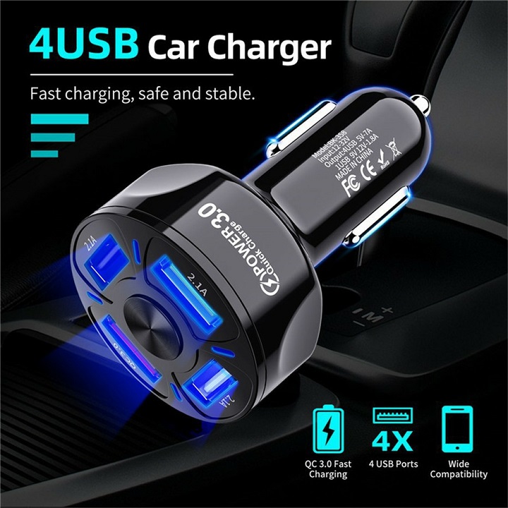 Tẩu Sạc Nhanh Xe Hơi Ô Tô 4 Cổng USB Có 1 Cổng Sạc Nhanh Quick Charge 3.0