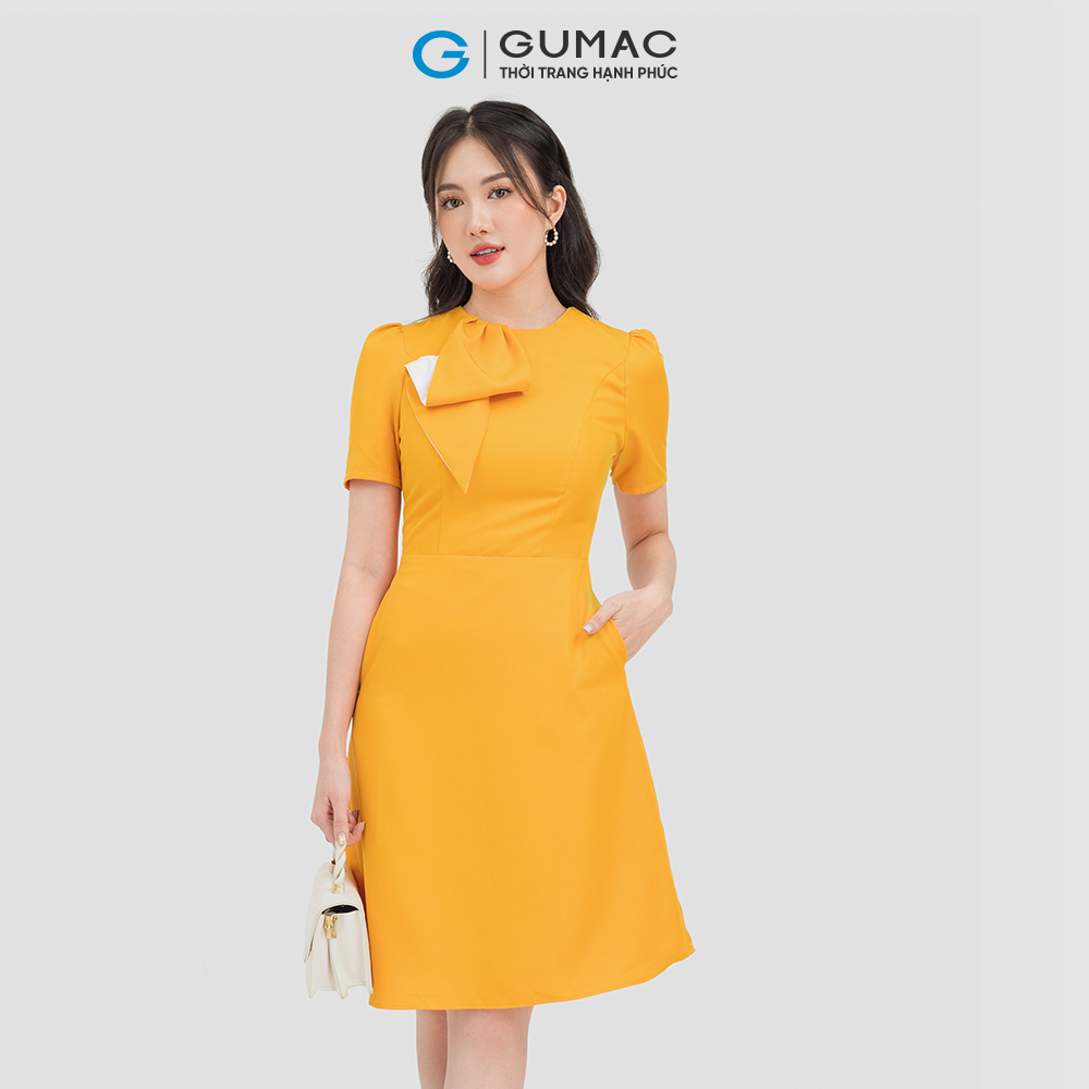 Đầm nữ dáng xòe GUMAC DC07013 form chữ A phối nơ cổ trẻ trung