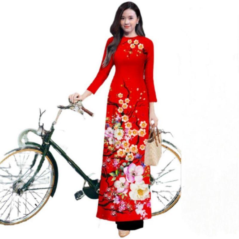 SÉT ÁO DÀI LỤA ĐỎ HOA ĐÀO VN