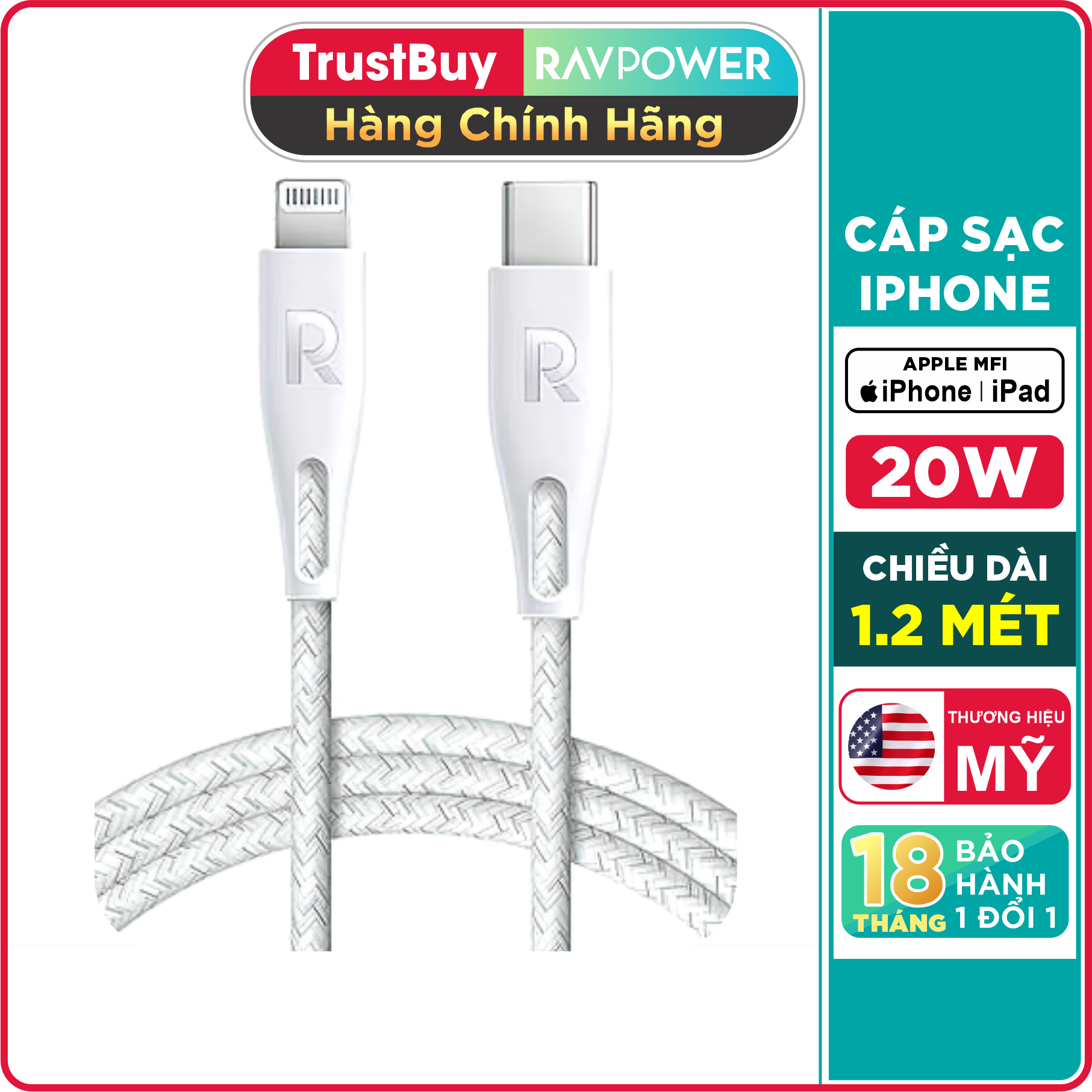 Dây Cáp Sạc Nhanh Type-C To Light.ning 20W Dành Cho iPhone, Cho iPad Chuẩn MFI C94, Dài 1.2 Mét RAVPower RP-CB1004 - Hàng Chính Hãng