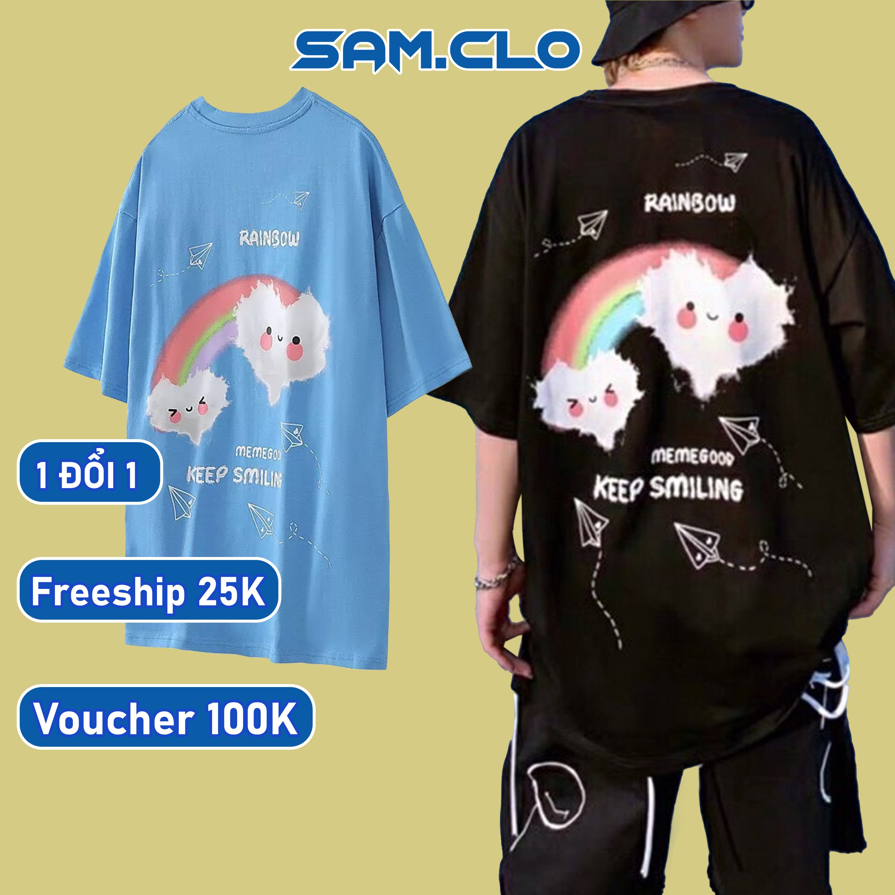 Áo thun tay lỡ nam nữ SAM CLO form rộng dáng Unisex in chữ KEEP SMILLING CÓ SIZE