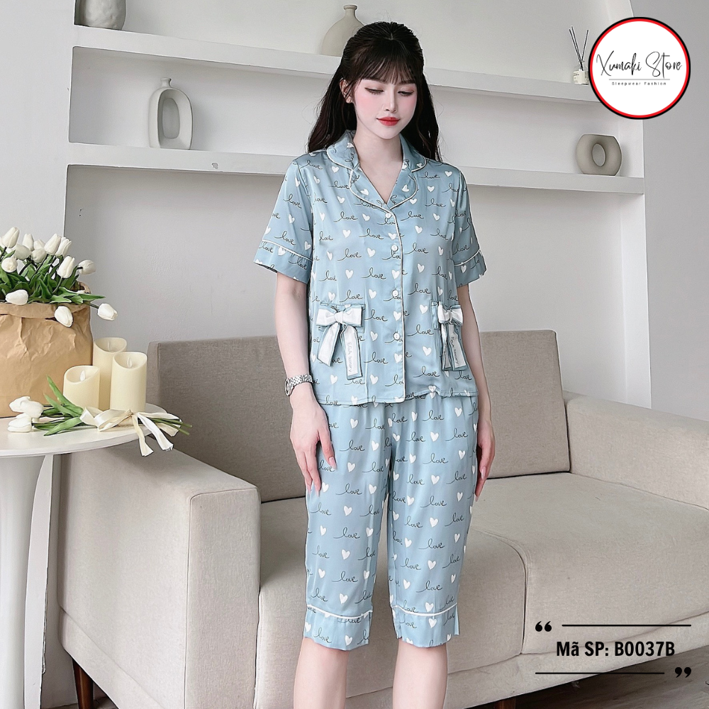 Bộ pijama nữ áo cộc quần ngố họa tiết túi nơ nhiều màu chất lụa cao cấp Xumaki Store BO037B
