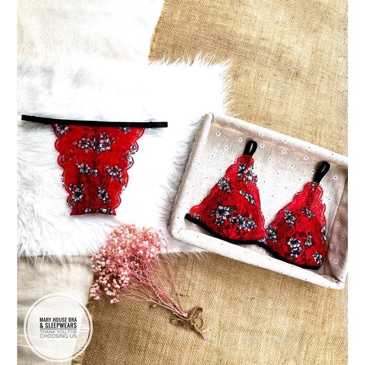 SET BRALETTE REN MÚT NGỰC HOA ĐỎ TƯƠI