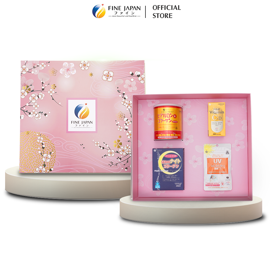 [Hộp quà Tết 2023] SAKURA TẾT ĐONG ĐẦY Fine Japan tặng người phụ nữ bạn yêu (Collagen, Vitamin CD, Viên uống chống nắng, bột uống ngủ ngon)