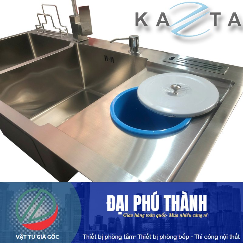 Combo Chậu Rửa Chén Bát Tiện Lợi Kazta KZ-CB10048H - Chậu inox cao cấp có hố rác, khay cài dao thớt, bình xà phòng, rổ rút đựng rau củ