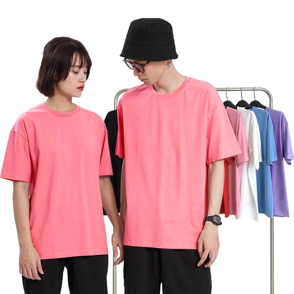 Áo Thun Trơn Tay Lỡ Cổ Tròn Vải Cotton Dày Mịn Không Xù Lông Nam Nữ Màu Hồng