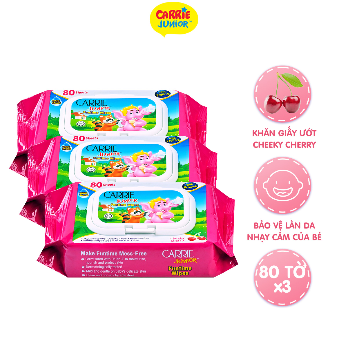 Combo 3 Gói Khăn Giấy Ướt Carrie Junior Funtime Cheeky Cherry 80 tờ/gói