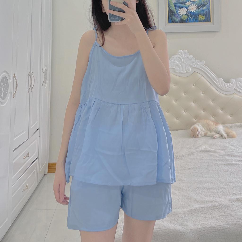 Set đồ ngủ áo 2 dây buộc nơ babydoll quần short đùi ống rộng, Pijama nhiều màu - Made by ToneOnTone TOT