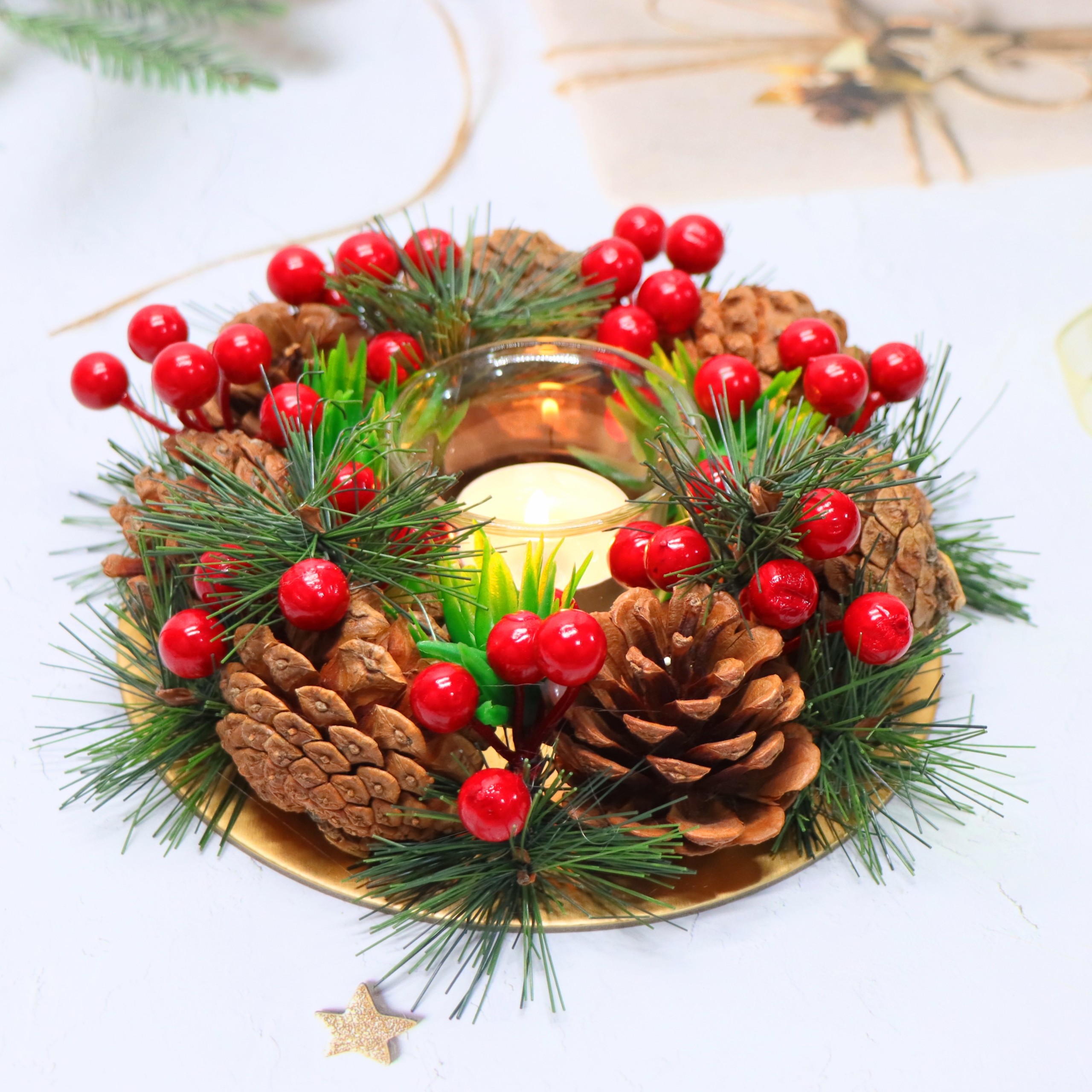 Nến Giáng Sinh NEN01 Để Bàn Trang Trí Noel – Mẫu QUẢ THÔNG ĐAN XEN