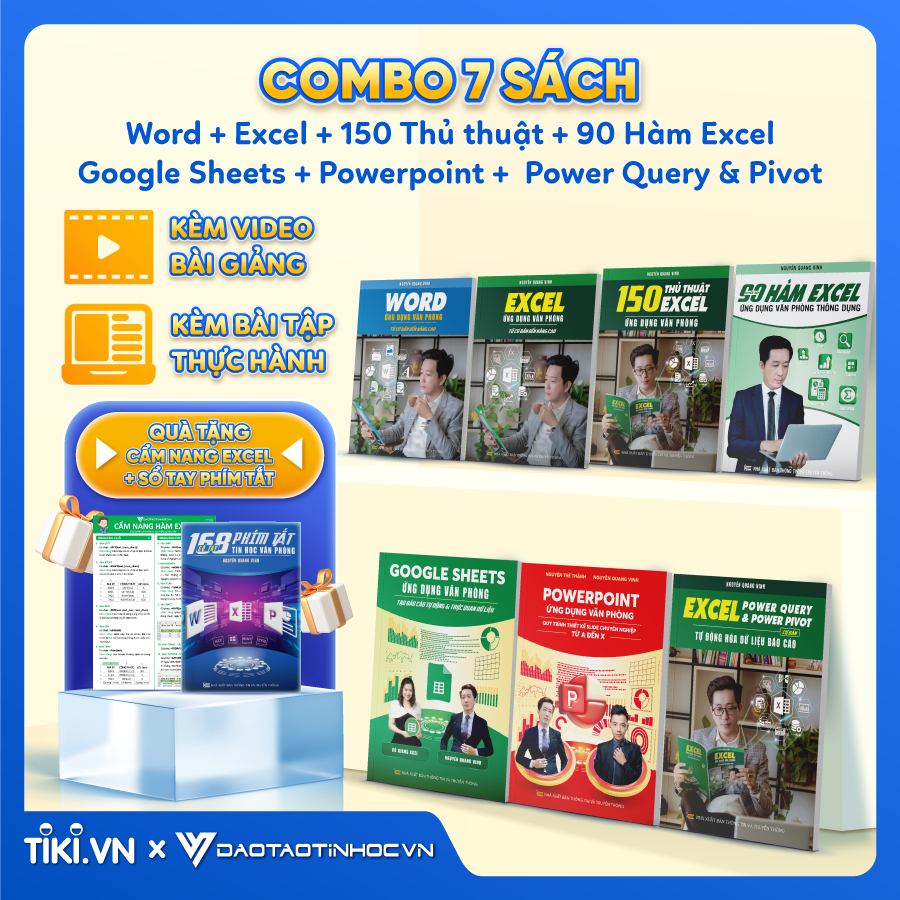 Combo 7 sách Word - Excel - Powerpoint - Google Sheet - 150 TT - Power Query - 90 Hàm Excel ĐÀO TẠO TIN HỌC Ứng Dụng Văn Phòng Thông Dụng